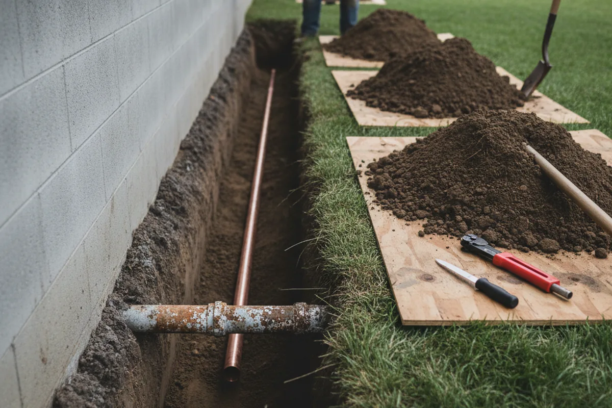 Excavated water line trench during Water Softener Installation in Robbinsville
